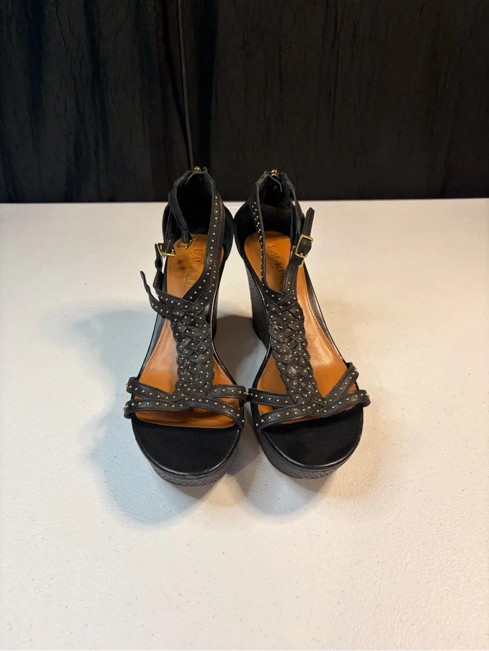 Lauren Ralph Lauren Quanta Black Leather Studded Wedge Sandals‎ 8.5B 11424 L15